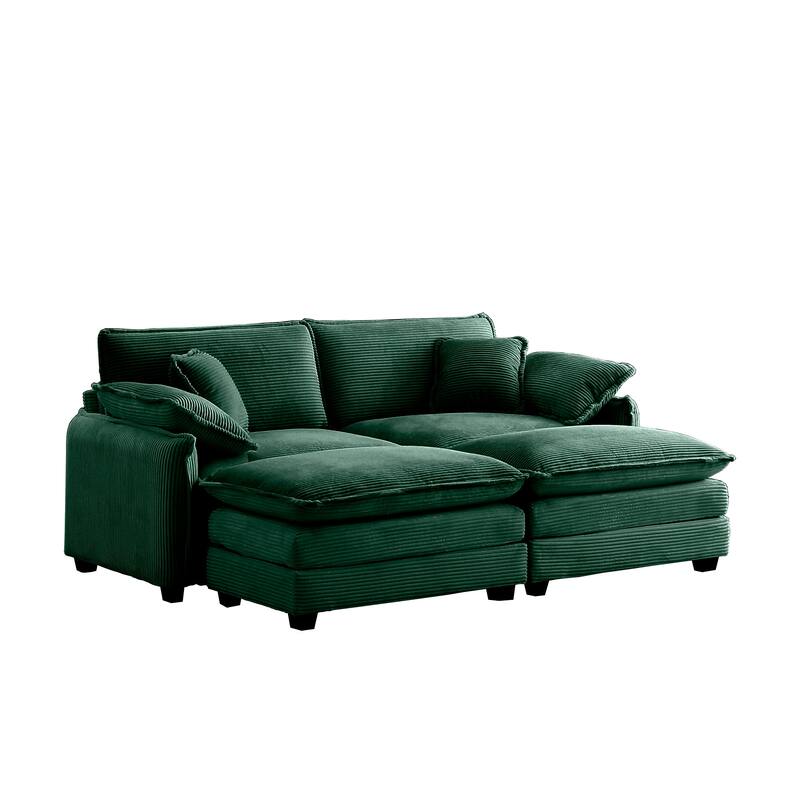 81" 2-Seater Sectional Sofa with 2 Ottoman Corduroy Upholstered Couch for Living Room, Apartment, Leisure Loveseat with Pillows