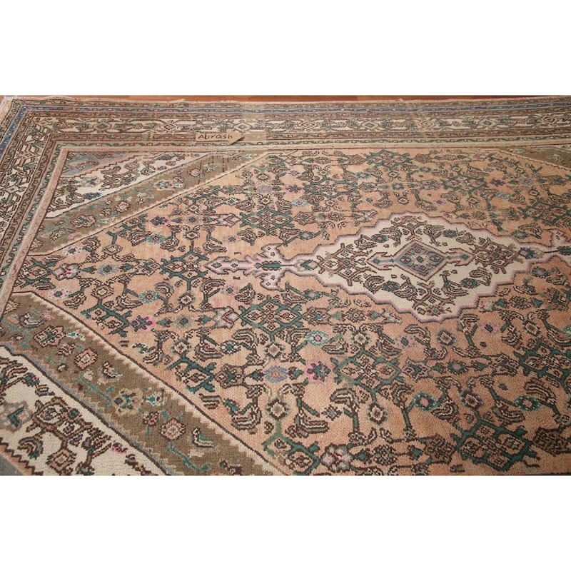 Pink Geometric Hamedan Persian Vintage Rug Hand-knotted Wool Carpet - 6'10" x 9'11"