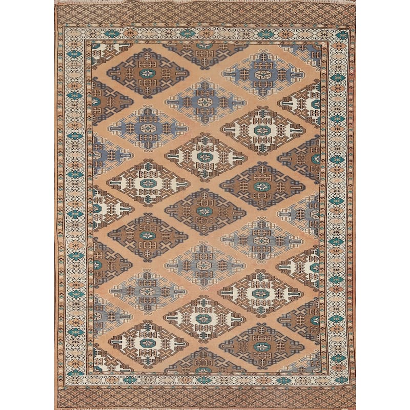 Geometric Turkoman Persian Vintage Area Rug Handmade Wool Carpet - 4'5" x 5'11"