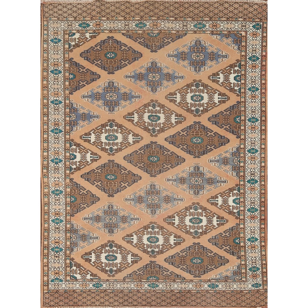 Geometric Turkoman Persian Vintage Area Rug Handmade Wool Carpet - 4'5" x 5'11"