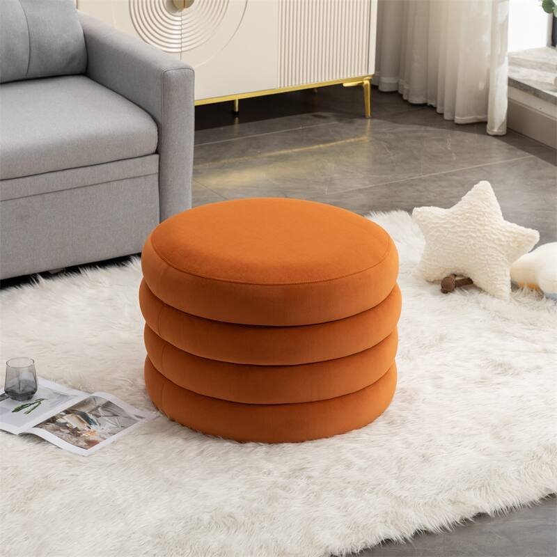Fabric Storage Round Ottoman Footstool with Wooden Shelving