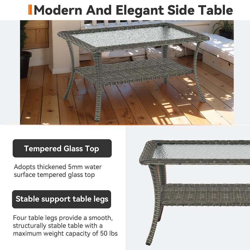 Outdoor Coffee Table with Tempered Glass Top -Grey