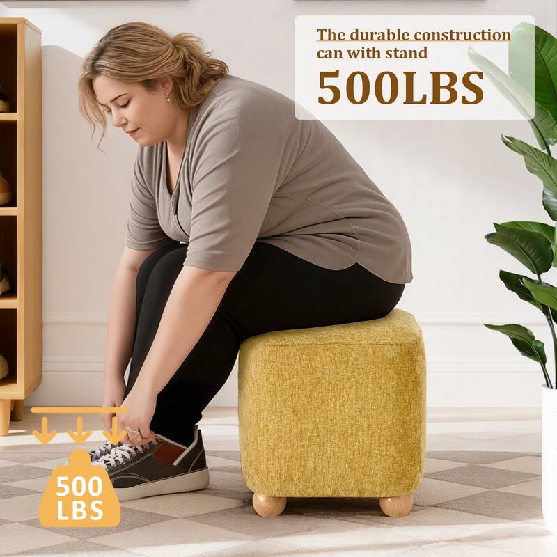 Chenille Upholstered Pouf Ottoman Footstool Acacia Solid Wood Footrest