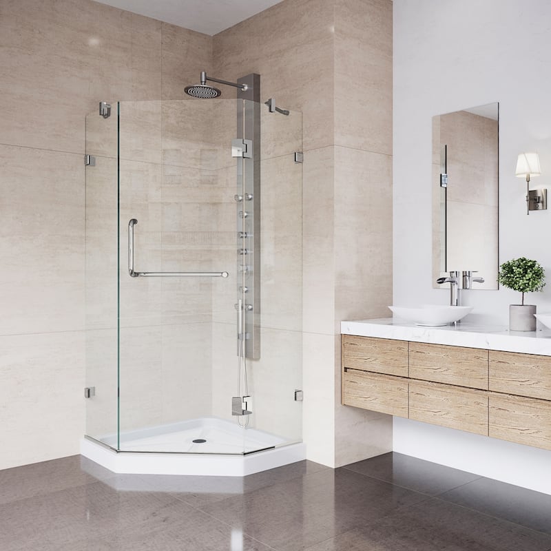 VIGO Piedmont 38"D x 38"W x 77"H Frameless Hinged Neo-Angle Shower Enclosure and Low-Profile Base in Brushed Nickel