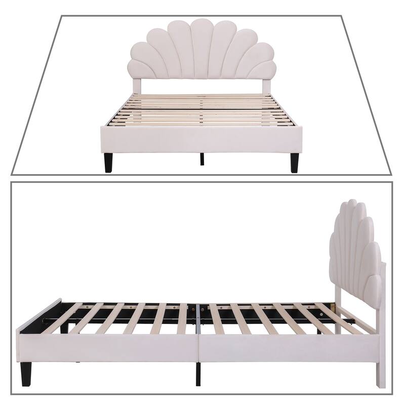 Stylish Unique Velvet Upholstered Platform Bed Frame with Flower-Shaped Headboard