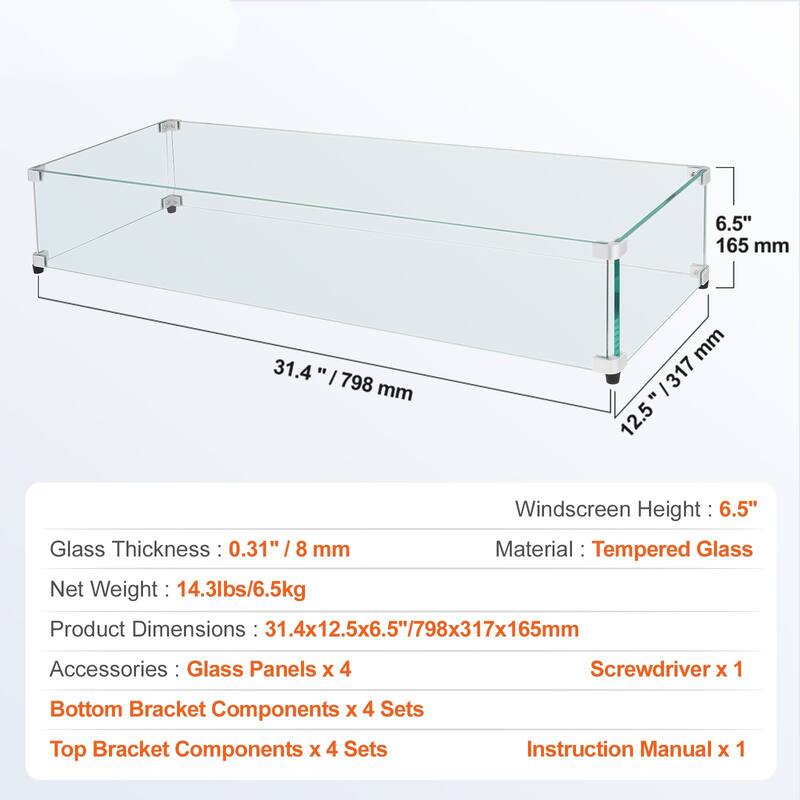 Tempered Glass Wind Guard for Rectangular Fire Pit Table