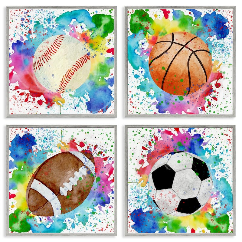 Stupell Rainbow Splatter Baseball Framed Giclee Art Design By Kim Allen (Set of 4) - 12 x 12 - Grey