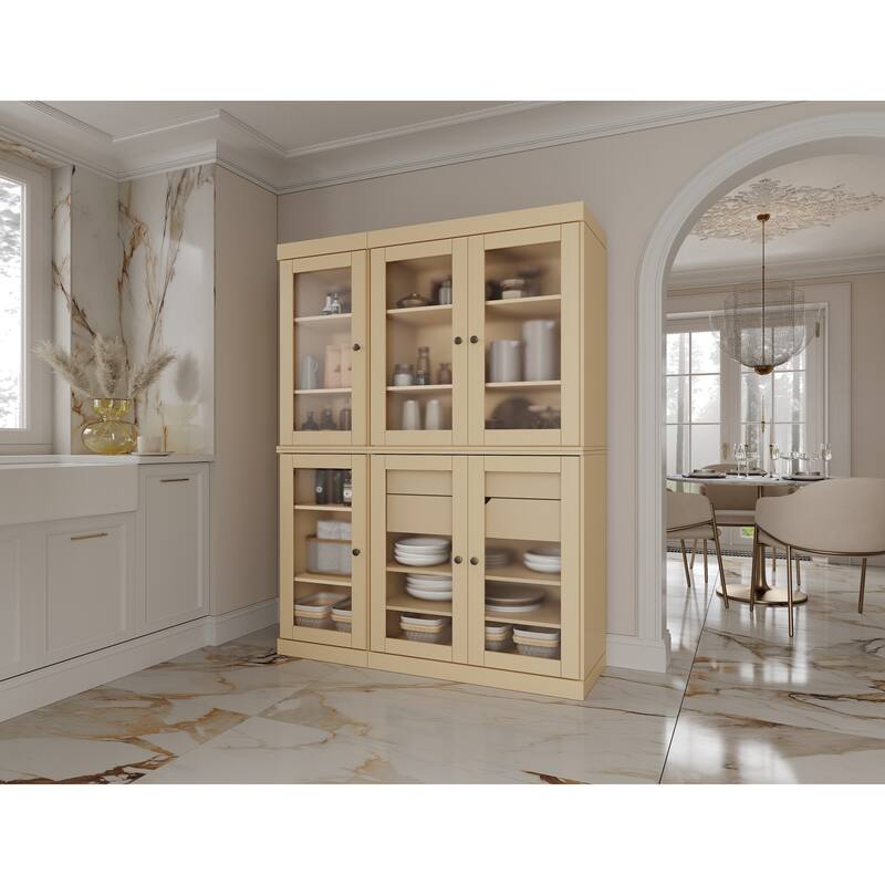 100% Solid Wood 48.5" Pantry Cabinet with Frosted Glass Doors and 2-Drawers