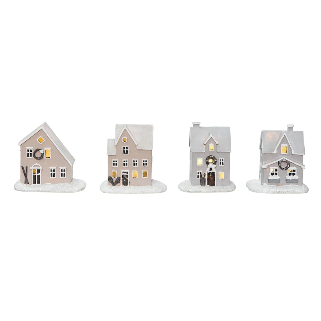 Transpac Light Up Resin Nordic Cabin Figurine Set of 4 Christmas Home Decorations
