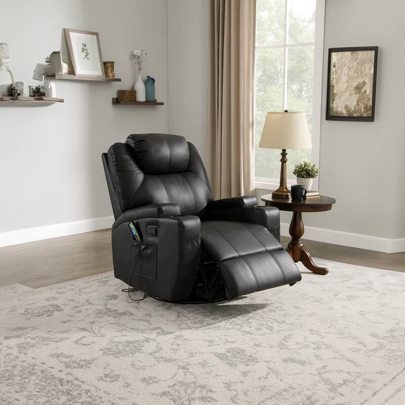 Contemporary Polyurethane Upholstered Metal Rocker Recliner with Swivel, Black