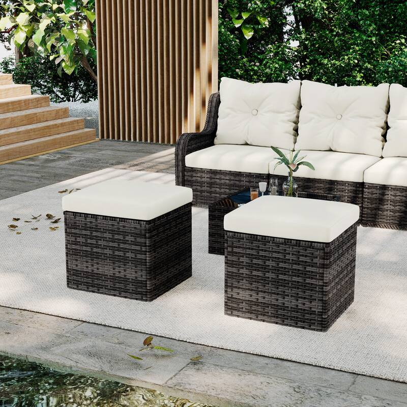 Outdoor Patio PE Wicker Ottoman with Cushion Set of 2