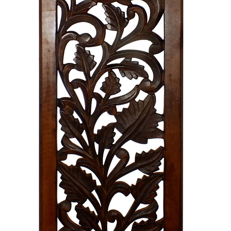 Mango Wood Wall Panel Hand Crafted with Leaves and Scroll Work Motif, Brown