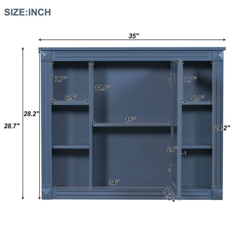 35'' x 28'' Royal Blue Wall Mounted Bathroom Storage Cabinet, Medicine Cabinet with Mirror and 6 Open Shelves