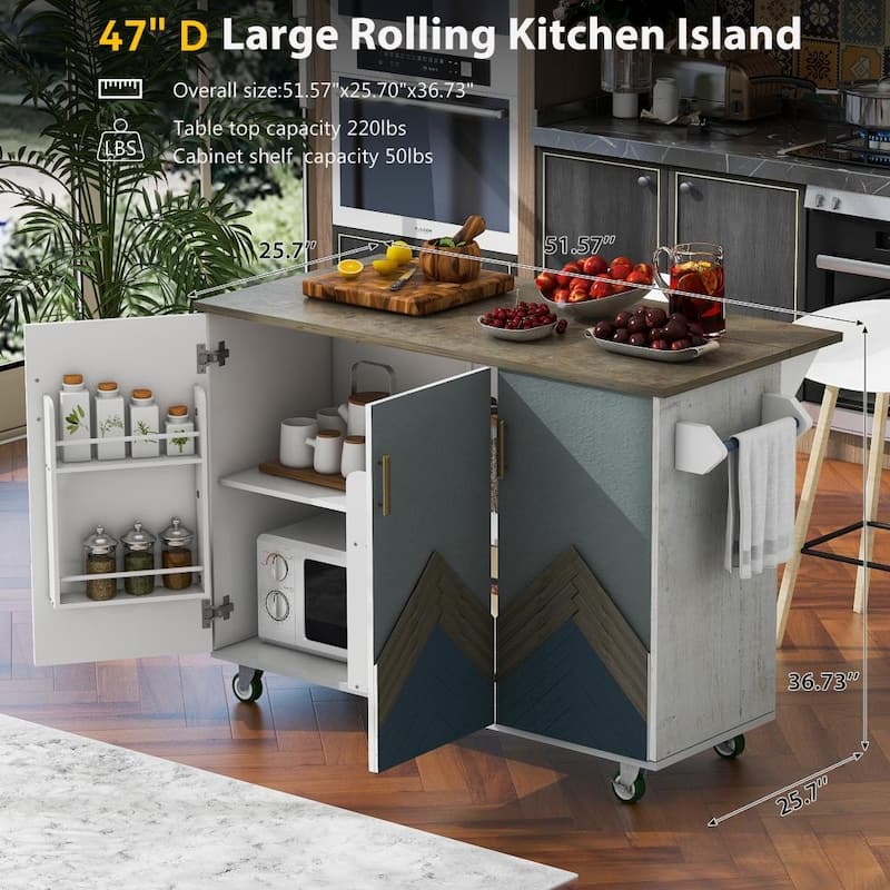 47"D Wood Kitchen Island with Drop Leaf, with Internal Storage Rack