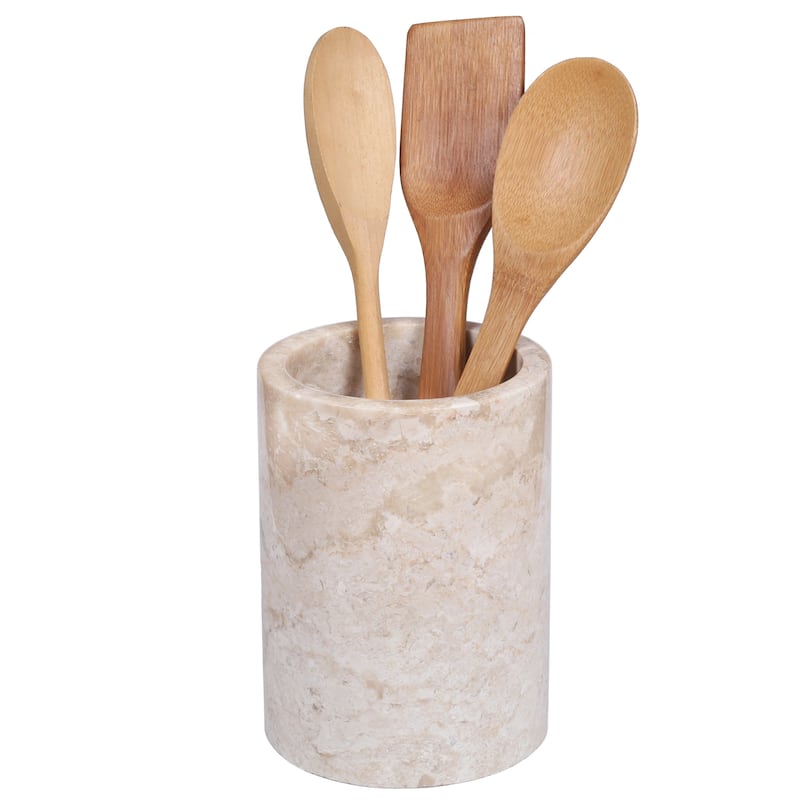 Creative Home Natural Champagne Marble Multi-Functional Tool Crock, Utensil Holder, Counter Top Organizer, 5" Diam. x 7" H