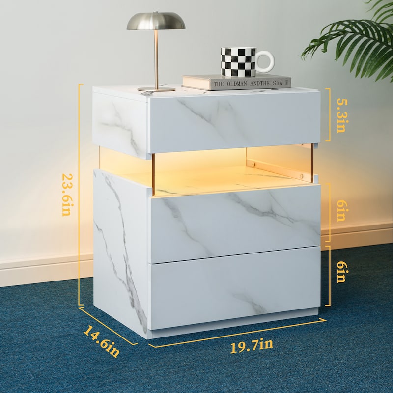 LED Nightstands, 3 Drawer Dresser for Bedroom End Table with Acrylic Board LED Bedside Tables