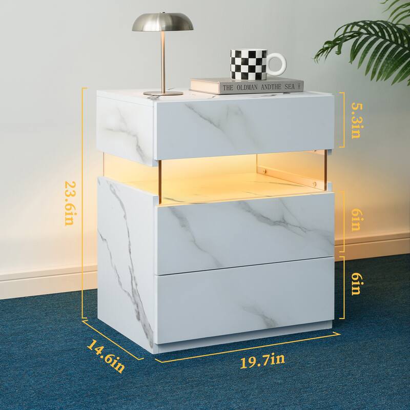 Rossetta Minimalist Stylish Design Nightstand with LED Lights and Storage Drawers