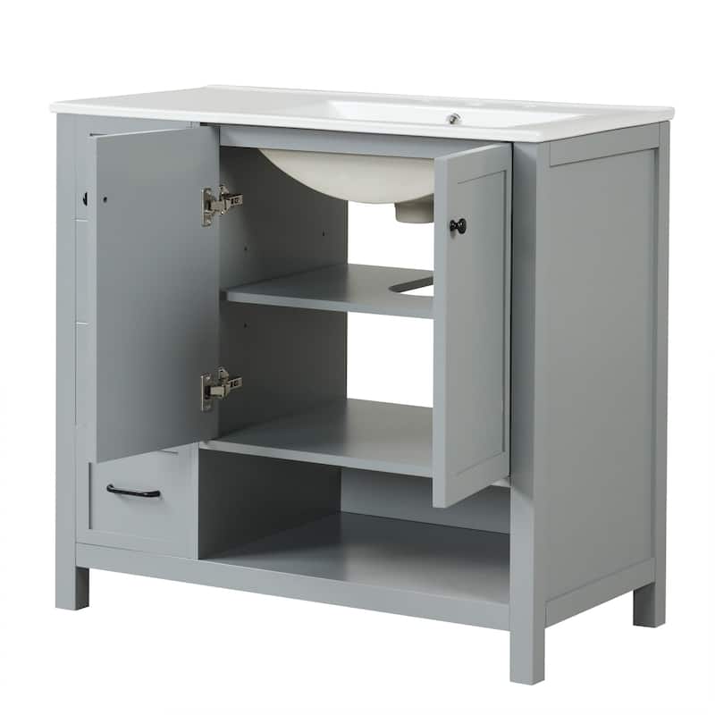 36" Bathroom Wood Storage Vanity Cabinet with Ceramic Sink, Open Shelf