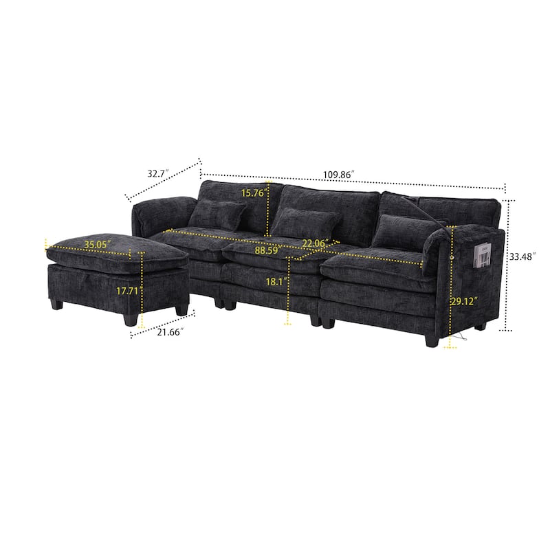 Modern Stylish L-Shaped Modular 3-Seater Storage Sofa with Phone Holder and Charging Station