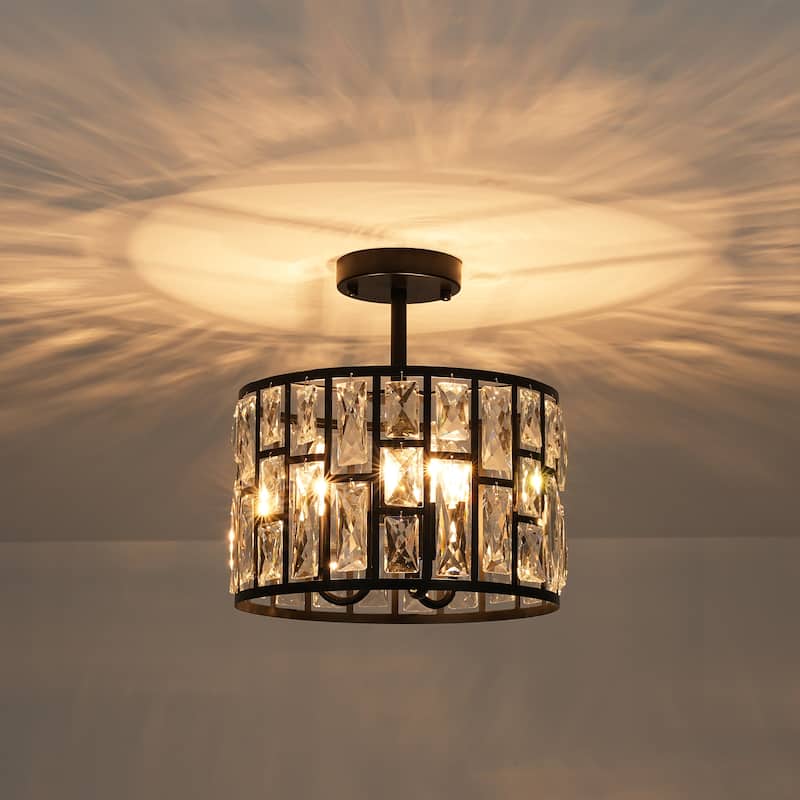 3/5-Light Industrial Vintage Black Drum Semi-Flush Mount Ceiling Light with Crystal Accents