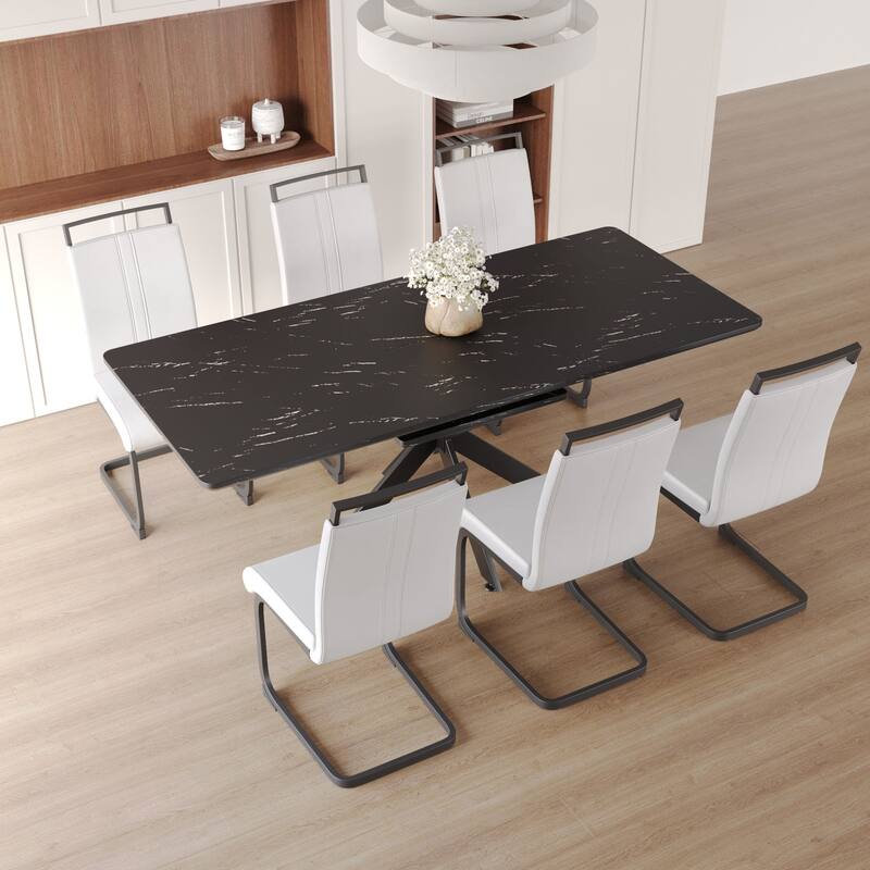Modern Dining Set with Rectangular Extendable Table & High Back C-shaped Tube Armless Chairs