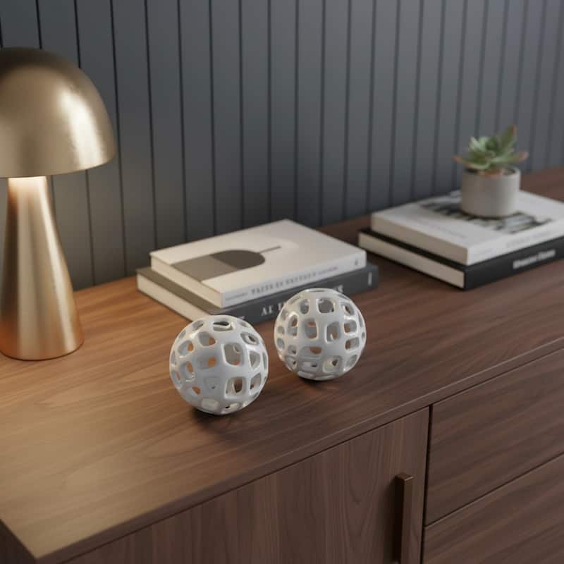 HomeRoots Set of Two White Aluminum Hand Painted Decorative Orbs - 4.00 in. x 4.00 in. x 4.00 in. - White - 4.00 in. x 4.00 in.  x 4.00 in.