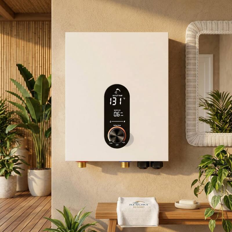 18KW Tankless Electric Water Heater, On Demand Instant Hot Water Heater with LED Temperature Display, 240V Wall Mounted - White