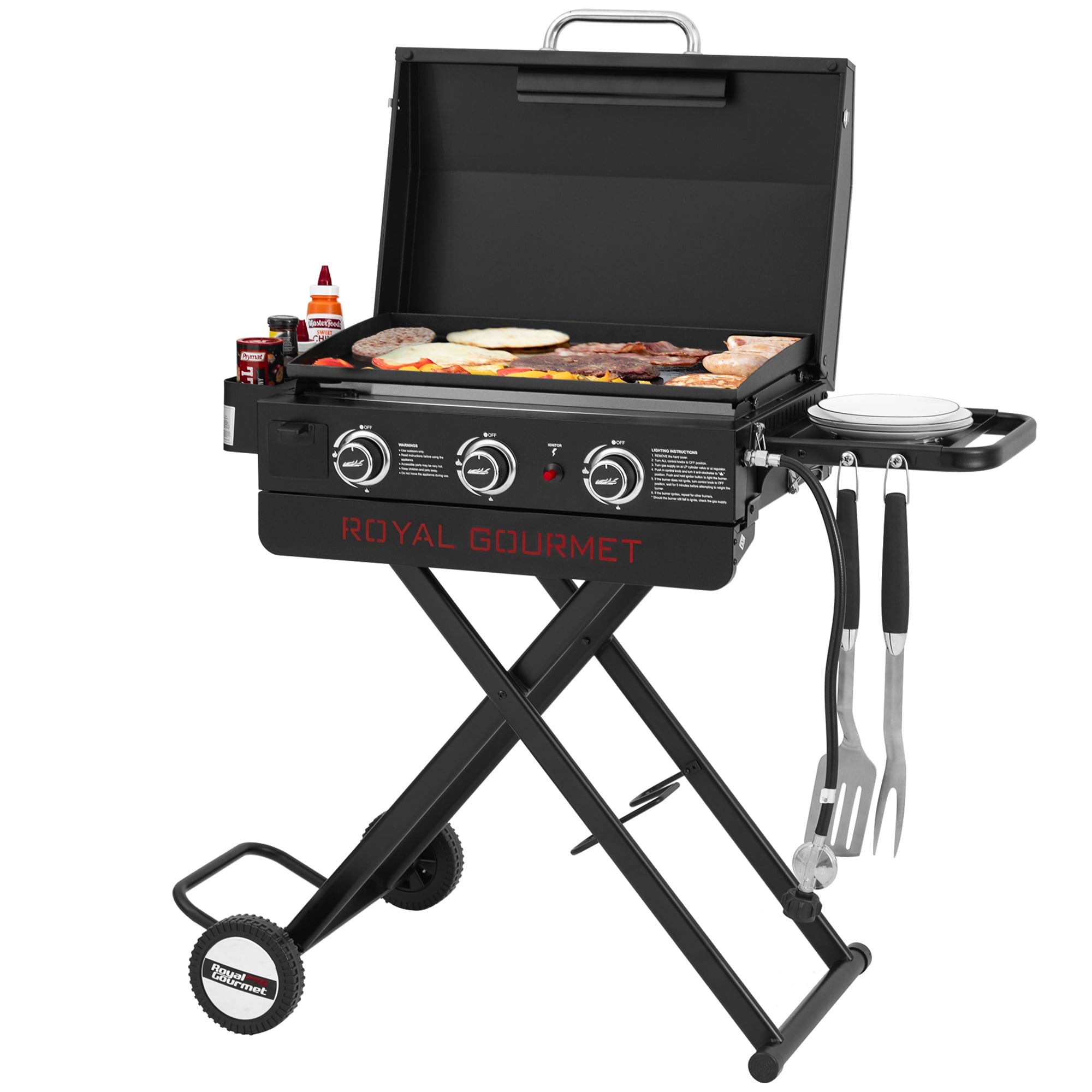 Royal Gourmet PD3001 23-Inch Portable 3-Burner Gas Griddle with Collapsible Stand & Side Shelf, 25,500 BTU