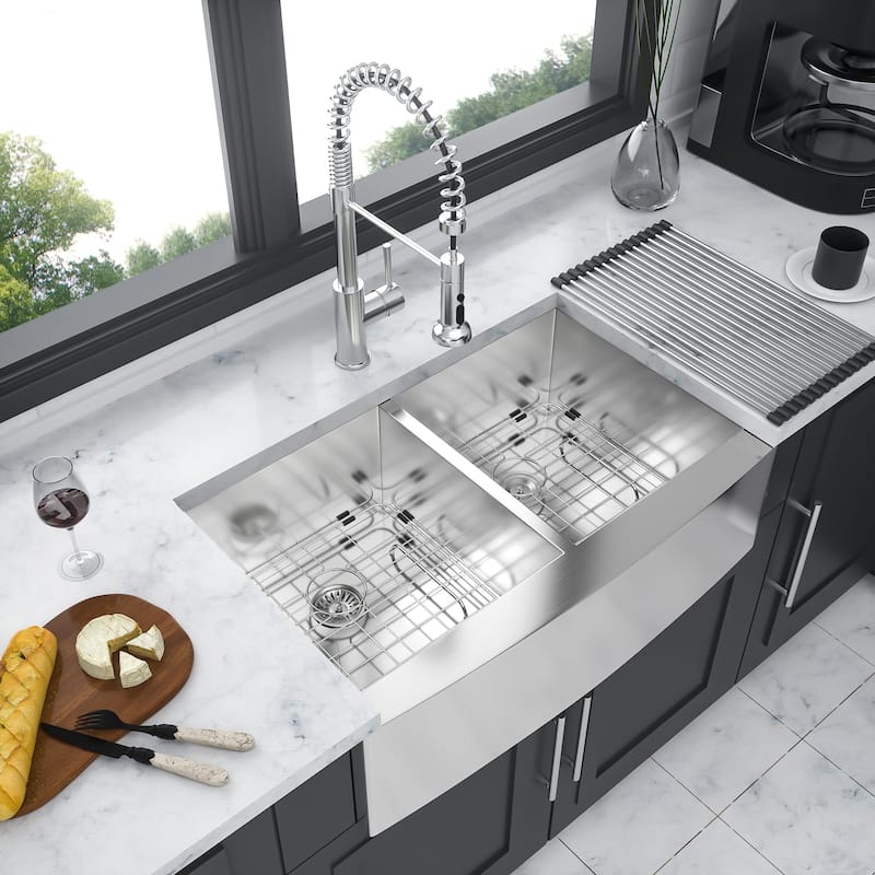 Brushed Nickel Stainless Steel Double Bowl Farmhouse Kitchen Sink with Sink Grid