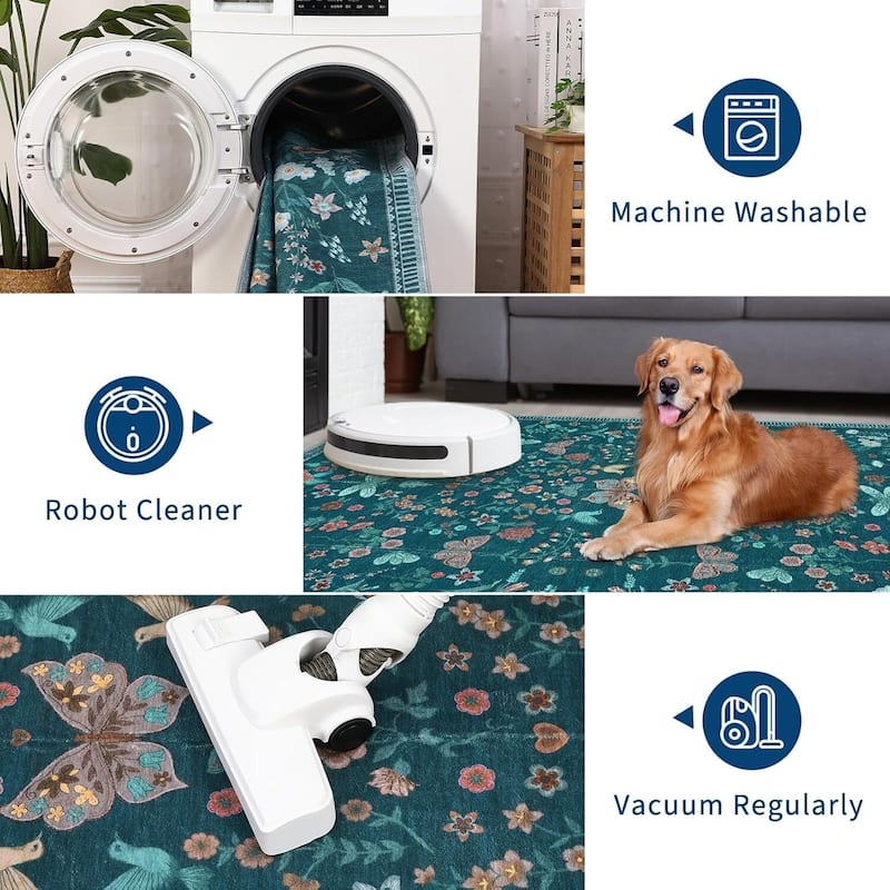 Modern Floral Machine Washable Indoor Waterproof Area Rug for Bedroom, Living Room, Dark Green - 2' x 3'