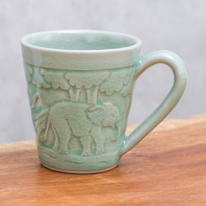 Handmade Elephant Forest Celadon ceramic mug (Thailand)