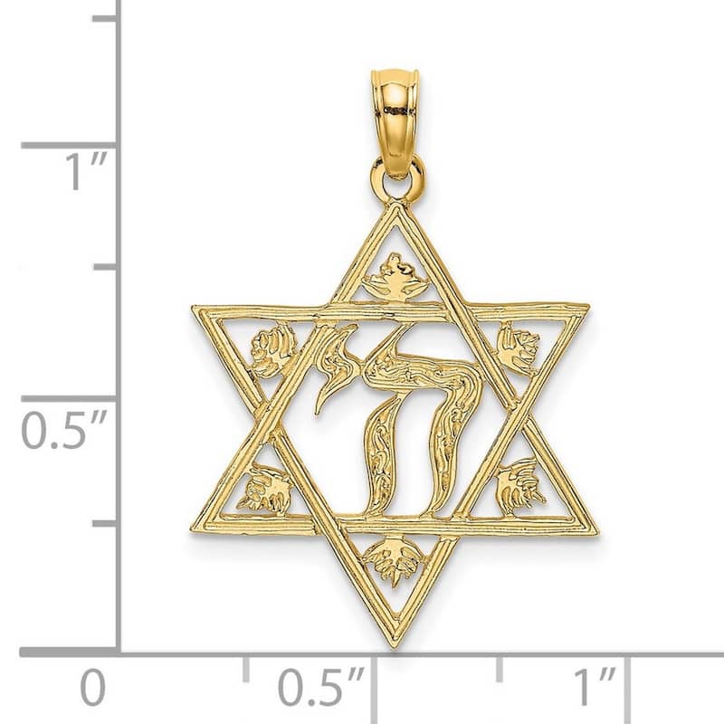 Curata 14k Yellow Gold Textured Jewish Star of David With Chai Center Necklace 26mm