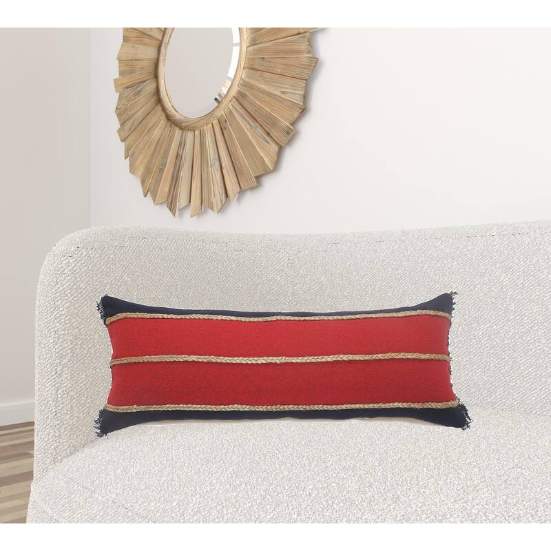 HomeRoots 14" X 36" Red Navy And Tan 100% Cotton Striped Zippered Pillow