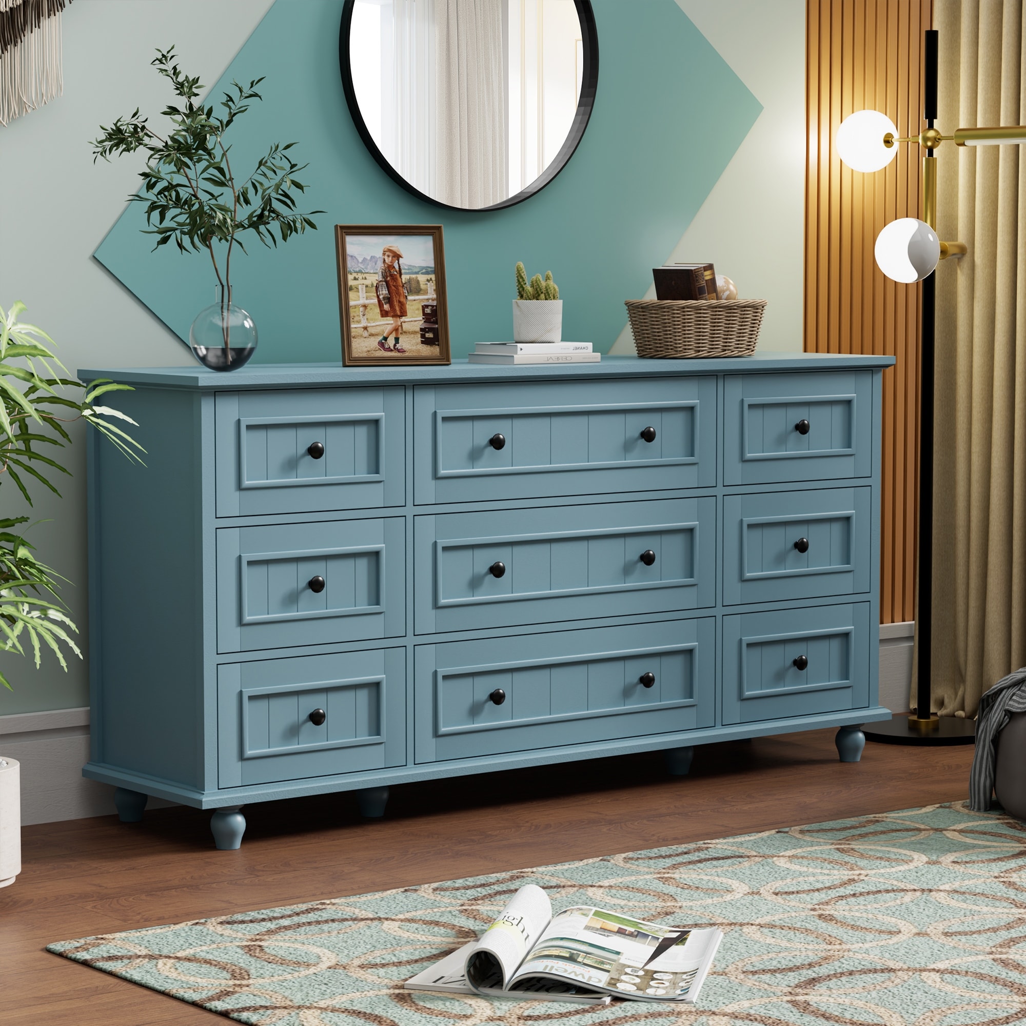 green 9 drawer dresser Vintage 9-Drawer Retro Storage Cabinet with Solid Legs Fluted dresser