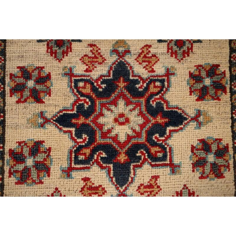 Geometric Kazak Runner Rug Hand-Knotted Beige Wool Carpet - 2'3" x 5'11"
