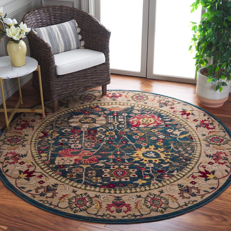 SAFAVIEH Kashan Laureen Oriental Rug with Fringe - 3'3" Round - Blue/Tan