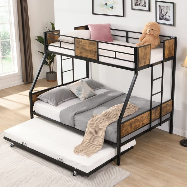 slide 2 of 12, Twin Over FULL Metal Bunk Bed with Trundle 2 - Side Ladder and Full-Length Guardrail Black+Brown
