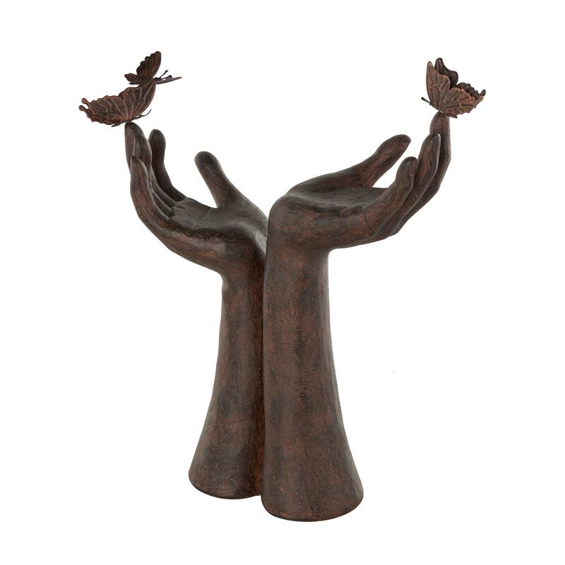 Dark Brown Polystone Raised Hands Decorative Sculpture with Butterfly Accents