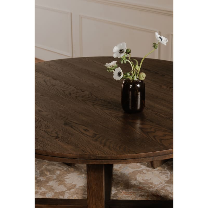 NADAAL STUDIOS Arlisse Dining Table for 6, Round Oak Wood Top, Dual-Layer Top with V-Groove Iron Crossing Base, Dark Brown