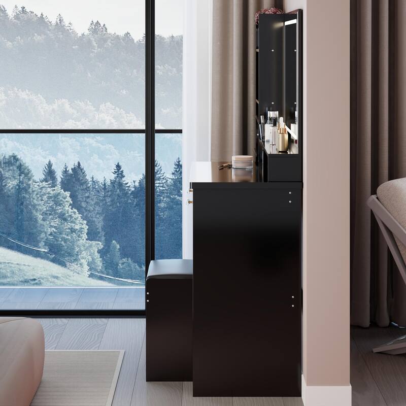 Vanity Desk with Touch Control LED Sliding Mirror, Large Capacity Dresser Table Set, Makeup Vanity with 5 Drawers & Stool