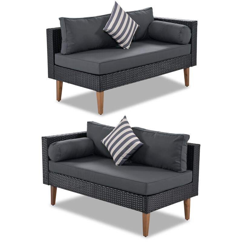 Roomfitters 4-Piece Outdoor Sectional Sofa Set with Glass Coffee Table, Tapered Wood Legs Rattan Furniture, Black+Gray