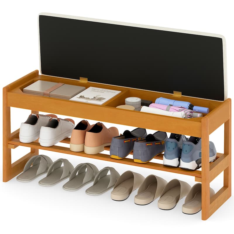 Gymax 40'' 2-Tier Shoe Rack Bench w/Flip-Top Storage Slatted Shelf for - Off-White