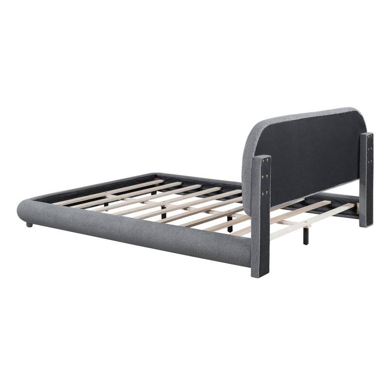 Full/Queen Size Teddy Fleece Upholstered Bed with Thick Fabric, Platform Bed Frame with Headboard & Stylish Curve-shaped Design