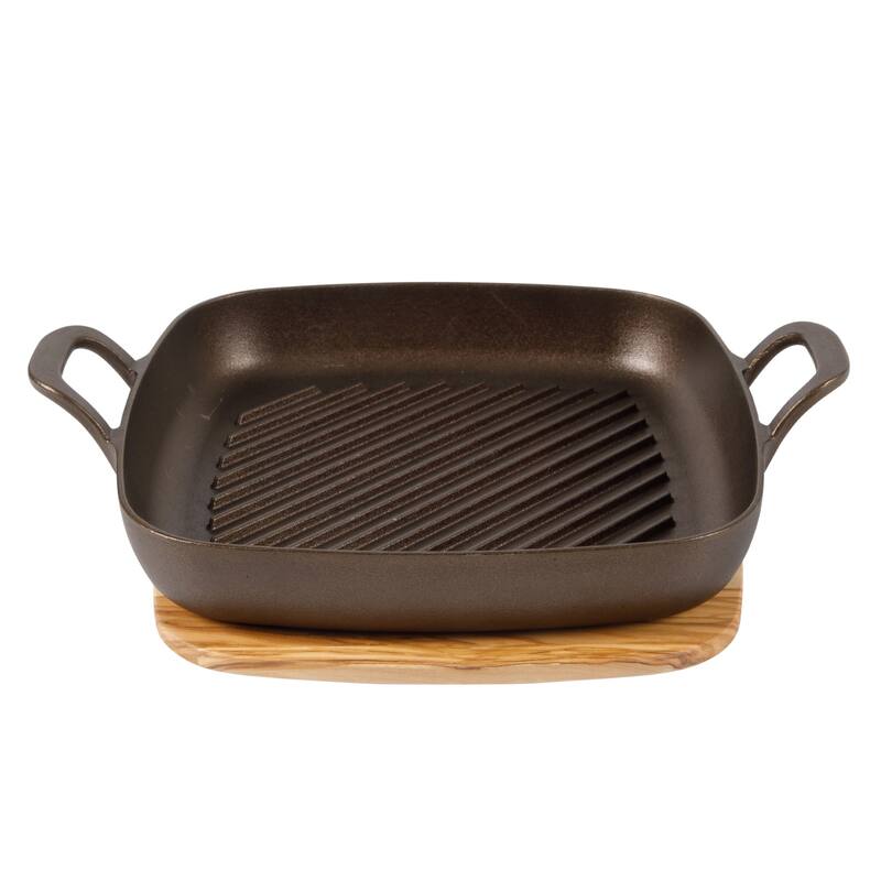 Bloomhouse Natural Bronze Finish Pre-seasoned Cast Iron Grill, Everyday Pan, Skillet & Olive Wood Trivet - 16.5" x 12"