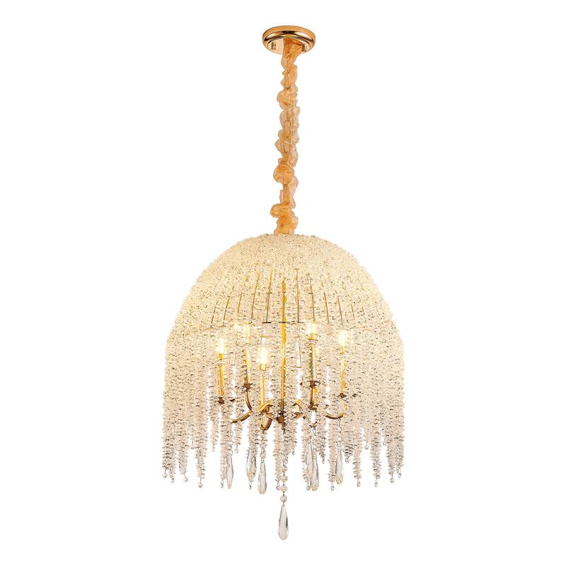 20 Inch 6-Light K9 Crystal Pendant Light Chandelier- Elegant Waterfall Design with Cascading Crystal Bead Strings - Gold