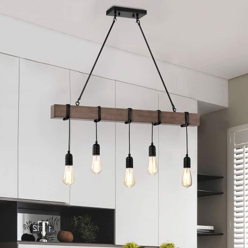 Irma Natural Wooden Beam Linear Chandelier with 5 Lights - Antique Black
