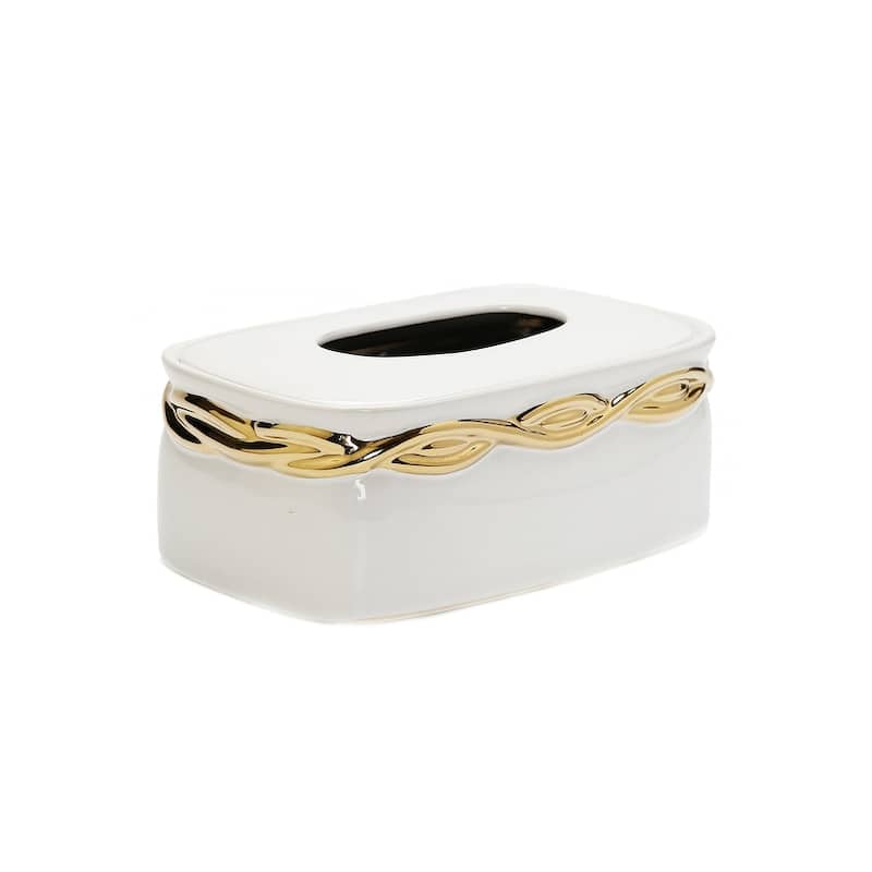 White Tissue Box Gold Rounded Design - 10"L