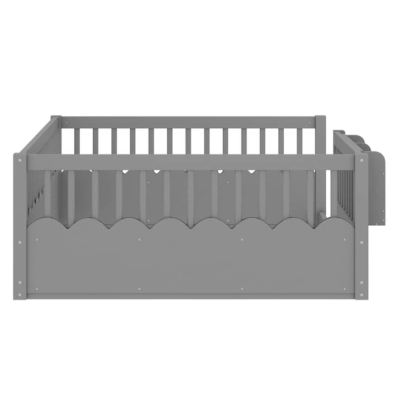 Full Floor bed with Heightened Fence and bookshelf, Wood Floor Bed for Kids