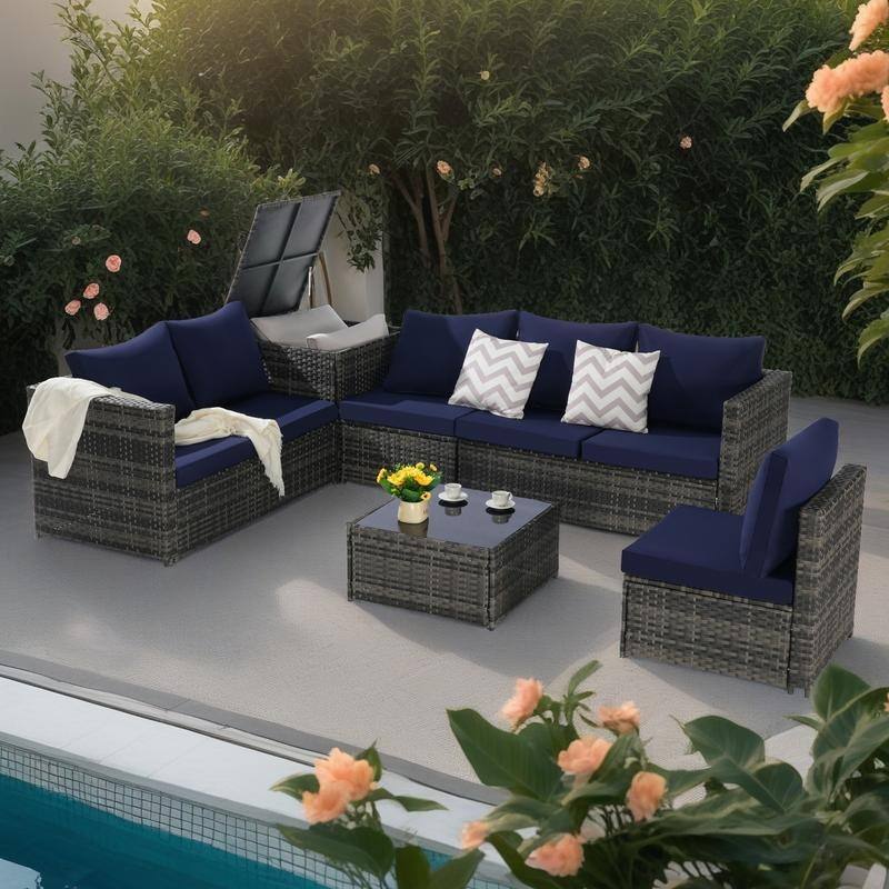 6-Piece Outdoor Patio Wicker Sectional Sofa Set with Corner Table & Glass Top Table - Dark Blue