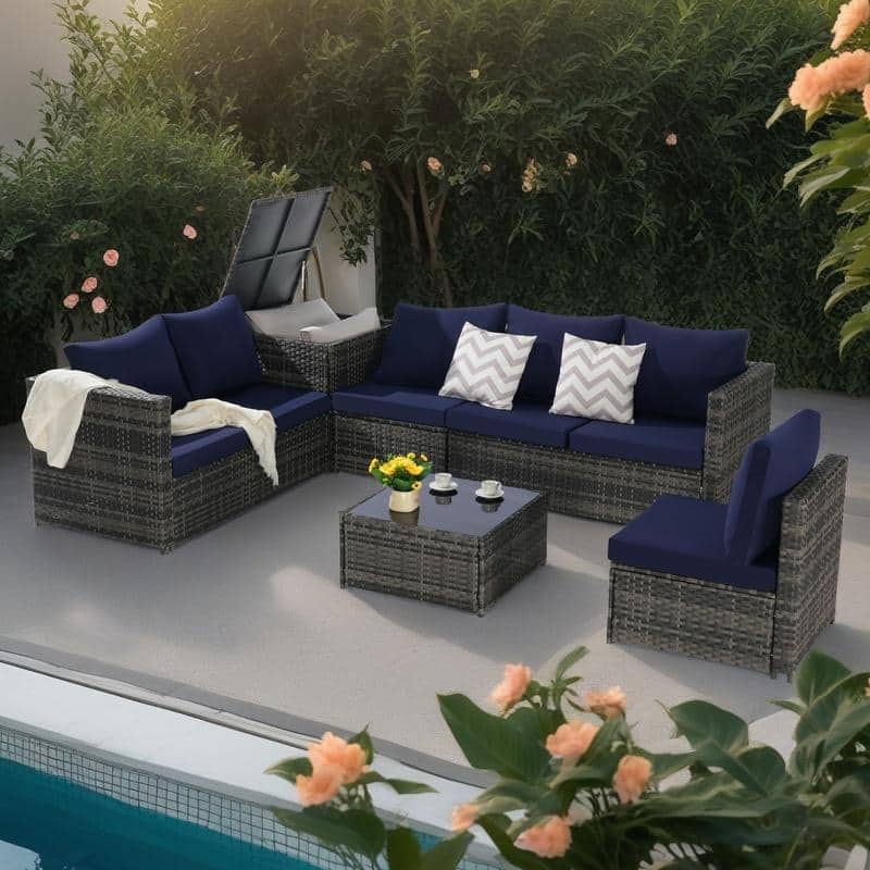 6-Piece Outdoor Patio Wicker Sectional Sofa Set with Corner Table & Glass Top Table